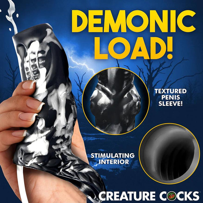 A hand holds the Night Prowler Squirting Penis Enhancer, featuring a bold black and white sleeve with a textured interior. "DEMONIC LOAD!" flashes over a stormy sky, emphasizing its intense design for heightened pleasure.