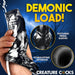 A hand holds the Night Prowler Squirting Penis Enhancer, featuring a bold black and white sleeve with a textured interior. "DEMONIC LOAD!" flashes over a stormy sky, emphasizing its intense design for heightened pleasure.