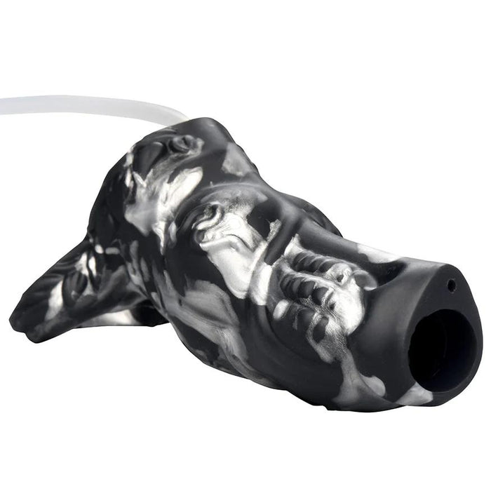 The Night Prowler Squirting Penis Enhancer is a black and white silicone fantasy creature sleeve with textured details, a hollow open end, and a translucent tube for squirting action.