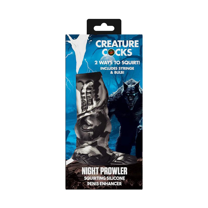 The "Night Prowler Squirting Penis Enhancer" box features bold text, vivid monster art, and showcases the included syringe and bulb for dual squirting options.