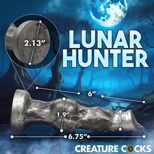 Set against a moonlit forest, the fantasy-themed "Night Prowler Thick 6.75 Inch Werewolf Dildo with Knot" in gray displays length measurements and the Creature Cocks logo at the bottom, and is strap-on harness compatible.
