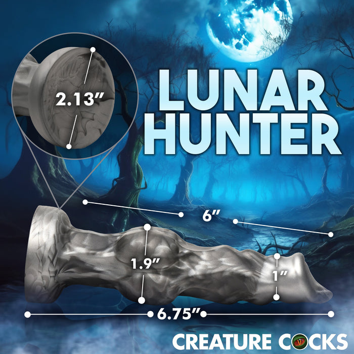 Set against a moonlit forest, the fantasy-themed "Night Prowler Thick 6.75 Inch Werewolf Dildo with Knot" in gray displays length measurements and the Creature Cocks logo at the bottom, and is strap-on harness compatible.