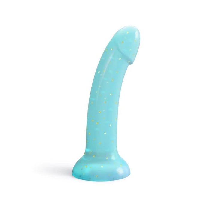 The Nightfall Smooth 7 Inch Teal Glitter Silicone Dildo with Suction Cup stands upright on a flat white background, showcasing its vibrant glittery finish and versatile design, ideal for prostate or g-spot play.