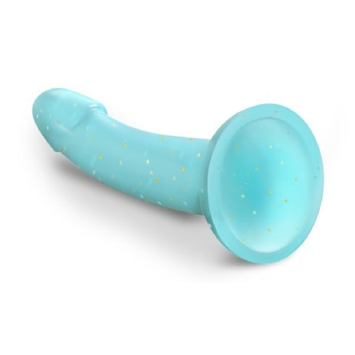The Nightfall Smooth 7 Inch Teal Glitter Silicone Dildo with Suction Cup, ideal for pegging or g-/prostate play, rests on a white background, its teal surface sparkling with gold flecks.