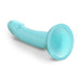 The Nightfall Smooth 7 Inch Teal Glitter Silicone Dildo with Suction Cup, ideal for pegging or g-/prostate play, rests on a white background, its teal surface sparkling with gold flecks.