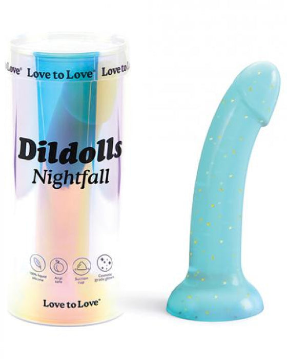 Nightfall Teal Glitter 7 inch Silicone Dildo next to box 