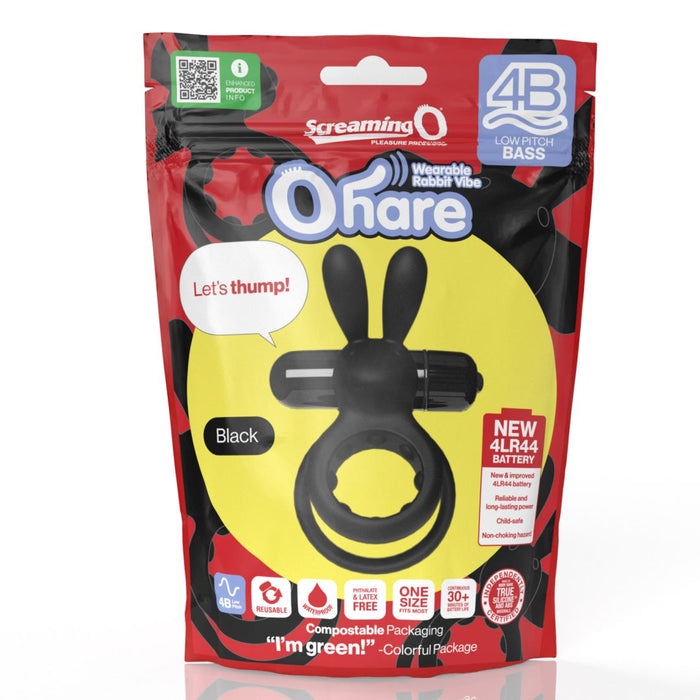 A red and yellow package labeled "O Hare Deep Rumbling Vibrating Beginner Couples' Cock Ring" contains a black bunny-eared vibrating ring. Features include "4B Low Pitch Bass," "Reusable," "One Size," and "Compostable Packaging.