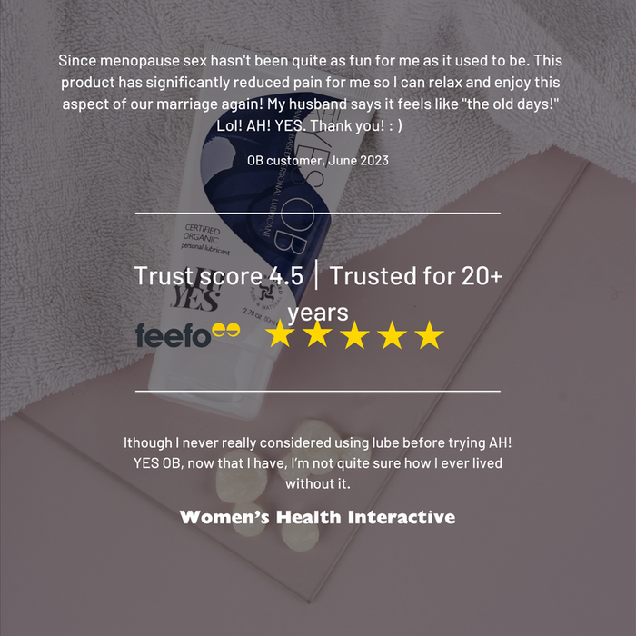A tube of AH! YES OB Plant-Oil Based Personal Lubricant sits on a pink surface, with customer testimonials above, showing a 4.5-star rating, trusted for over 20 years, and the Women’s Health Interactive logo below.