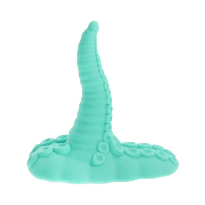 The Octopus Tentacle Insertable Remote Controlled Grinder is a turquoise silicone sculpture with detailed suction cups, shaped like an upright tentacle—ideal as a waterproof sex toy or hands-free vibrator.