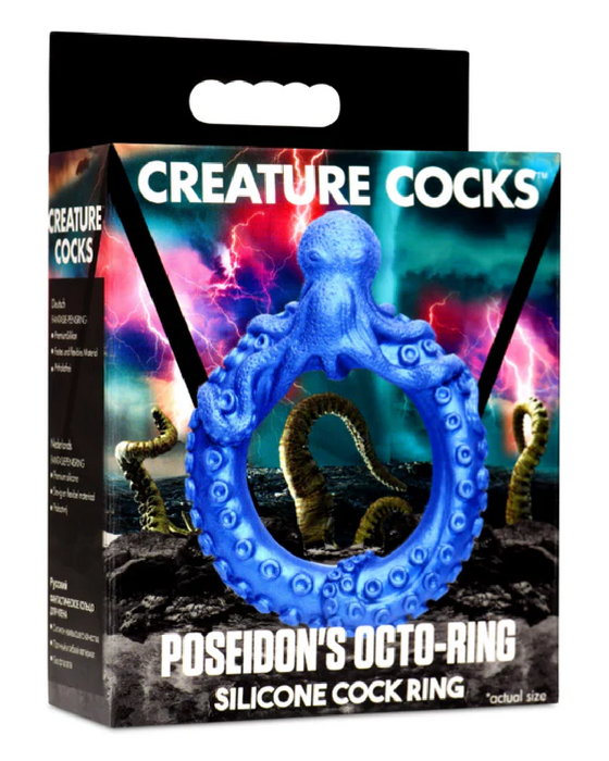 An adult novelty product themed as 'Poseidon's Octo-Ring Fantasy Cock Ring', featuring a waterproof silicone C-ring with octopus design, displayed in packaging with vibrant electric visuals.