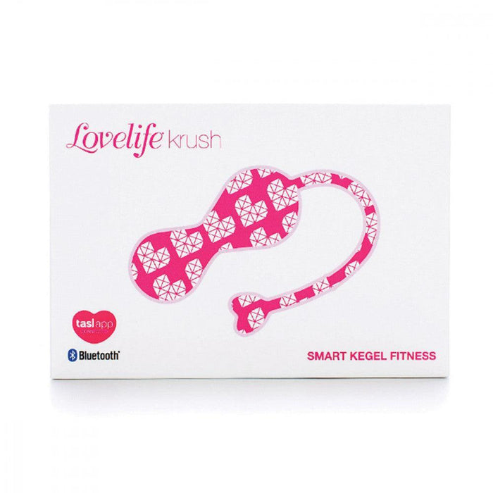 The OhMiBod Krush Smart Kegel Fitness Balls package features a pink geometric design for effective pelvic floor training. It offers Bluetooth connectivity, app compatibility, and advanced sensor technology, set against a white backdrop with pink and black text.