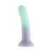 The Ombre Curve Smooth Slim Liquid Silicone 6 Inch Dildo features an ombré pastel look, realistic shape, rounded head, and gentle curve for G-spot stimulation. It stands upright on a flared suction cup base for versatile use and style.