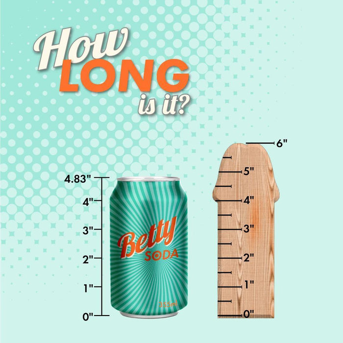 A can of Betty Soda sits next to the Opal Dreams Slim 6 Inch Blue Ombre G Spot Dildo, shaped like a ruler. The soda is 4.83 inches tall, with playful text above asking, "How long is it?.