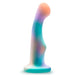 The Opal Dreams Slim 6 Inch Blue Ombre G Spot Dildo is a pastel silicone toy with a curved, elongated shape, flared base, and smooth blue-to-white gradients; it's strap-on harness compatible for versatile use.