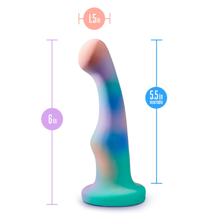 The Opal Dreams Slim 6 Inch Blue Ombre G Spot Dildo is a pastel-colored silicone toy with a curved design, flared base, and 5.5-inch insertable length. It's strap-on compatible and measures 6 inches tall by 1.5 inches wide at the tip.