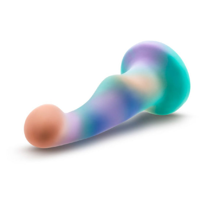 The Opal Dreams Slim 6 Inch Blue Ombre G Spot Dildo features a curved, wavy silicone shaft in pastel hues for g-spot stimulation. Shown on a white background, it's strap-on harness compatible for versatile play.