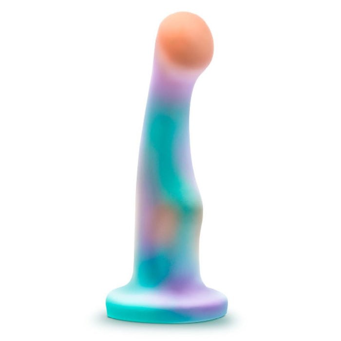 The Opal Dreams Slim 6 Inch Blue Ombre G Spot Dildo features a pastel silicone design with a rounded tip, flared base, and smooth blue-purple-peach blend. Harness compatible, it stands upright on a white background for display.