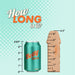 A "Betty Soda" can, 4.83 inches tall, sits beside a whimsical wooden ruler from the "Our First Hollow Strap-On Dildo + Harness Set - Chocolate," measuring 6.5 inches, with "How LONG is it?" highlighted on a light teal dot-patterned backdrop.