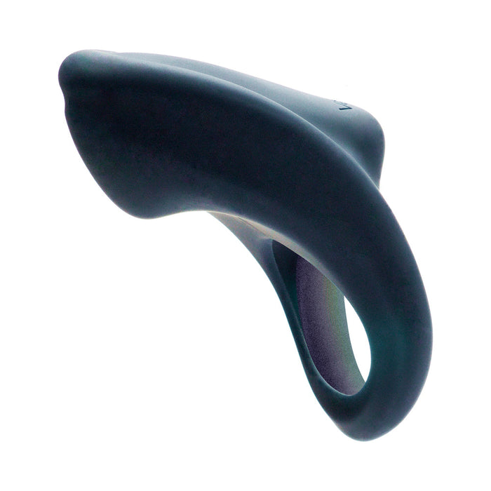 The Overdrive+ Quiet Rechargeable Vibrating Couples' Ring, made of black silicone with a curved, smooth extension, is shown against a white background.