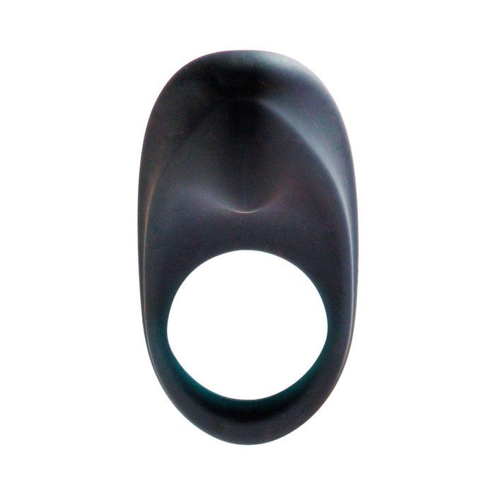 The Overdrive+ Quiet Rechargeable Vibrating Couples' Ring is a black silicone accessory featuring a smooth, slightly curved top and seamless, modern design—ideal for couples seeking a stylish and functional bedroom addition. Photographed on a white background.