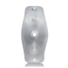 A transparent cylindrical object with a slightly hourglass shape, featuring three evenly spaced small holes along its length and a larger central hole. Crafted from a super-soft silicone blend for long-wear comfort, its smooth and slightly reflective surface ensures both style and function: the Oxballs Air Flow Light Stretchy Cock Ring - Clear by Oxballs.