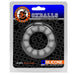 The packaging of the Oxballs Oxballs Air Flow Light Stretchy Cock Ring - Clear features a grey circular silicone ring, made with a super-soft silicone blend and Thermoplastic Rubber (TPR) for flexibility and long-wear comfort. Designed to be shockingly superior, it also serves as a bulge-enhancing cockring.