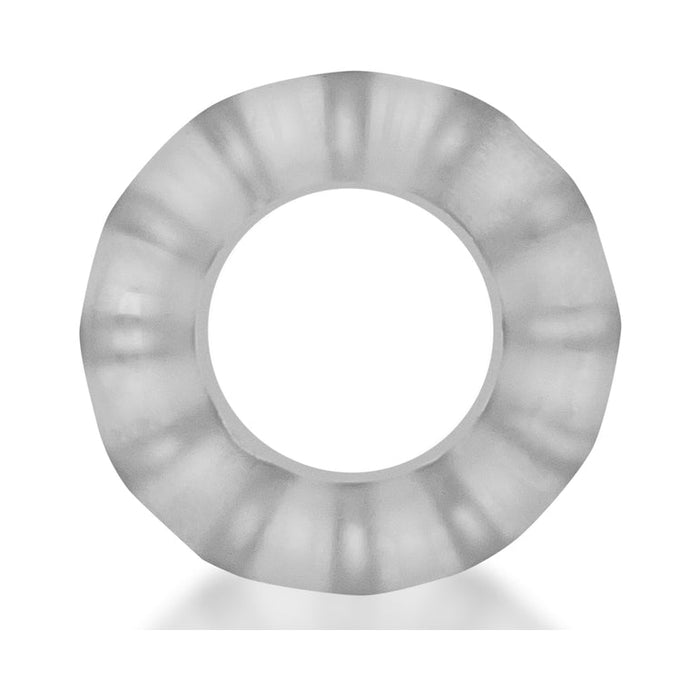 The Oxballs Ball Stretcher or Penetration Bumper is a translucent, frosted circular ring made from plus+SILICONE with a ridged, faceted edge, shown against a white background.