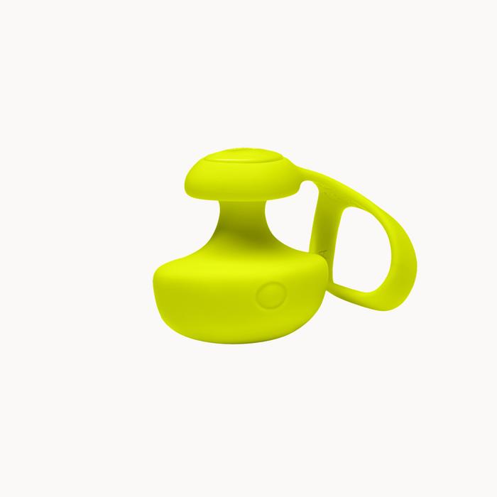 Lime green, compact silicone finger vibrator with a removable tether and ergonomic shape for precise stimulation.