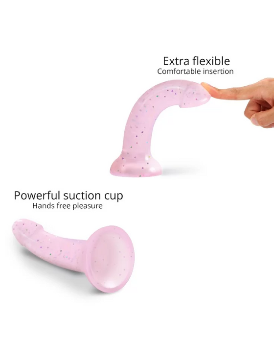 Starlight Pink Glitter 7 inch Silicone Dildo showing how flexible it is 