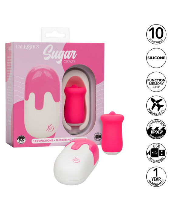 Sugar Craze Licking Tongue Vibrator with Lid next to box with inset graphics showing product features 