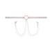 The Peaches 'n Cream Collar and Nipple Clamps by Sportsheets features a white adjustable collar with a central metal ring and rose gold hardware. Two chains decorated with small white beads extend to clips on either end, resembling nipple clamps. The collar's size can be adjusted using multiple snap buttons, providing an elegant and delicate design.