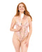 A smiling woman with long red hair wears a pink, floral embroidered bodysuit and holds a Peaches 'n Cream Riding Crop in her right hand against a plain white background.
