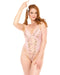 A woman with long red hair, dressed in a pink floral bodysuit, smiles and holds a Peaches 'n Cream Riding Crop above her head against a plain white background.