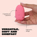 A hand holds the Ily Squishy Silicone Pebble Vibrator, a pink, oval-shaped device with 5 speeds, 7 patterns, and an ergonomic design. Bold text reads: "Versatile, soft and compact." Made from body-safe silicone for gentle clitoral stimulation.