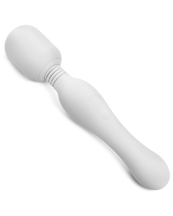 An isolated image of a white, USB rechargeable Pepper Pamper Massage Wand with a dual-density flexible head on a clean, white background.