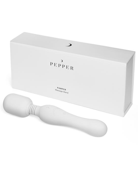 A powerful Pepper Pamper Massage Wand with its packaging box, showcasing a minimalistic and modern design.