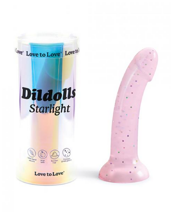 Starlight Pink Glitter 7 inch Silicone Dildo next to box 
