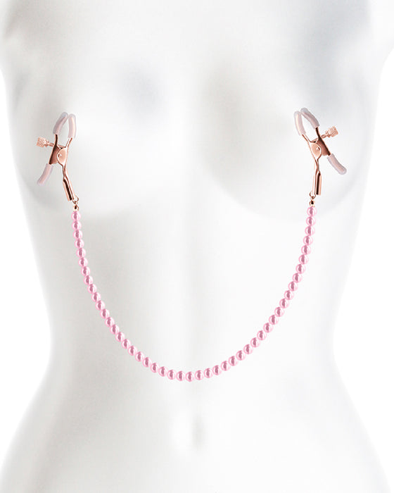 PInk Faux Pearl Chain Nipple Clamps on white manneuquin 