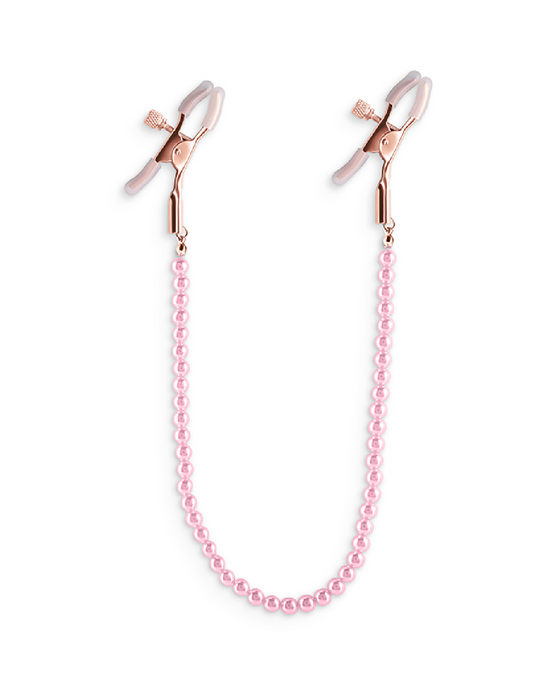 PInk Faux Pearl Chain Nipple Clamps on white background 