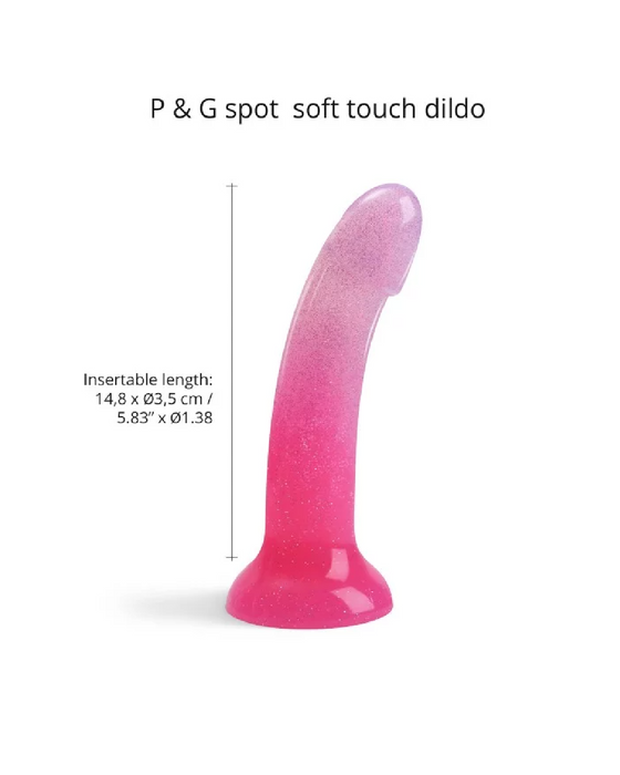 Sunrise Pink Ombre Glitter 7 inch Silicone Dildo graphic showing measurements 