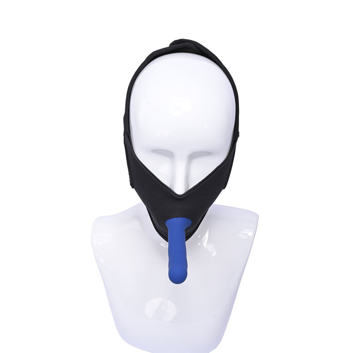 A white mannequin head displays the Pivot Chin Dildo Face Sitting Strap On Harness, featuring a black chin strap and blue protruding mouthpiece.