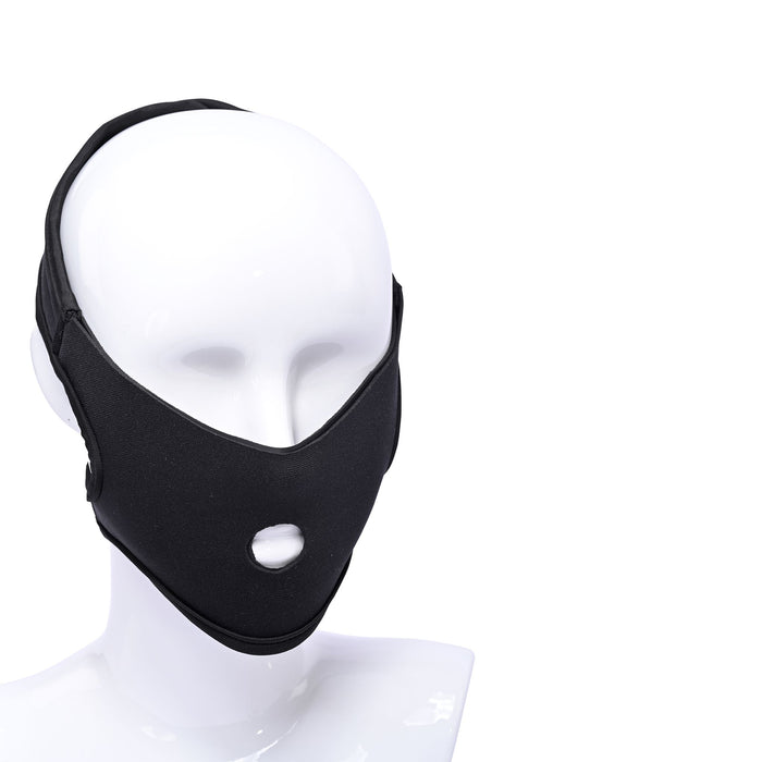 A white mannequin head wears the Pivot Chin Dildo Face Sitting Strap On Harness, a black fabric chin strap mask with a mouth opening that covers the lower face and ears. Great for roleplay, especially face sitting. Plain white background.