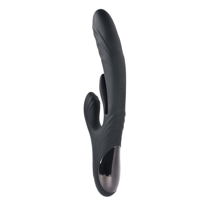 The Playboy Rapid Rabbit Thrusting Vibrator with Flapping Shaft is a sleek, black silicone design featuring a main shaft with a smaller, curved extension for enhanced g-spot stimulation. This waterproof vibrator includes a handle with a shiny, reflective surface for an elegant touch.