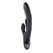 The Playboy Rapid Rabbit Thrusting Vibrator with Flapping Shaft is a sleek, black silicone design featuring a main shaft with a smaller, curved extension for enhanced g-spot stimulation. This waterproof vibrator includes a handle with a shiny, reflective surface for an elegant touch.