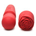 The Pleasure Rose Silicone Wand Vibrator with Rose Attachment is shown in red, featuring a textured shaft and a blooming rose tip. This waterproof vibrator offers versatile pleasure for an enhanced experience.