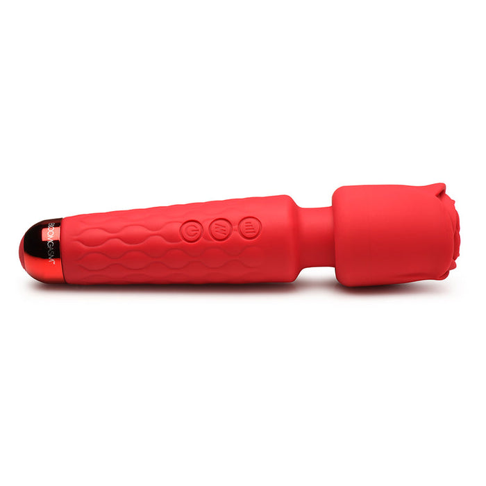 The Pleasure Rose Silicone Wand Vibrator with Rose Attachment is a red handheld personal massager featuring a textured handle, three control buttons, and a rounded, flower-shaped silicone head on a white background.