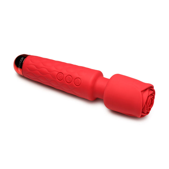 The Pleasure Rose Silicone Wand Vibrator with Rose Attachment features a textured handle, three control buttons, and a rounded rose-like head for targeted relief. Its elegant ergonomic design offers both style and comfort.
