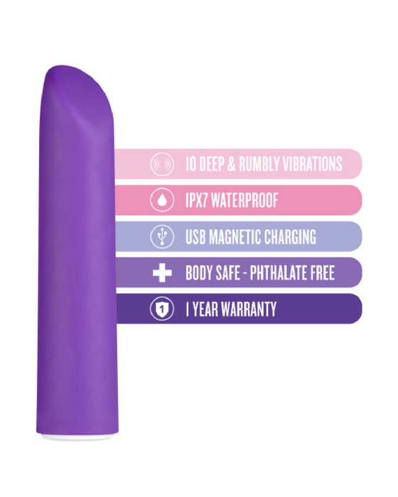 Wellness Power Vibe Waterproof Bullet with Rumble Tech graphic showing highlights of product 