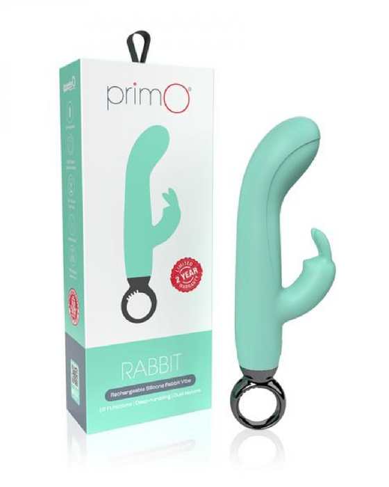 Screaming O Primo Rabbit Vibrator with Finger Loop - Green next to product box 