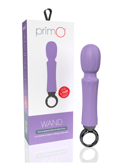 Screaming O Primo Wand Vibrator with Finger Loop next to product box 